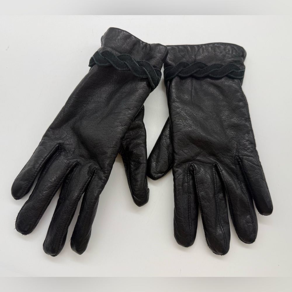 Vintage Genuine Soft Leather Gloves Black Braided Acrylic Western Women Small